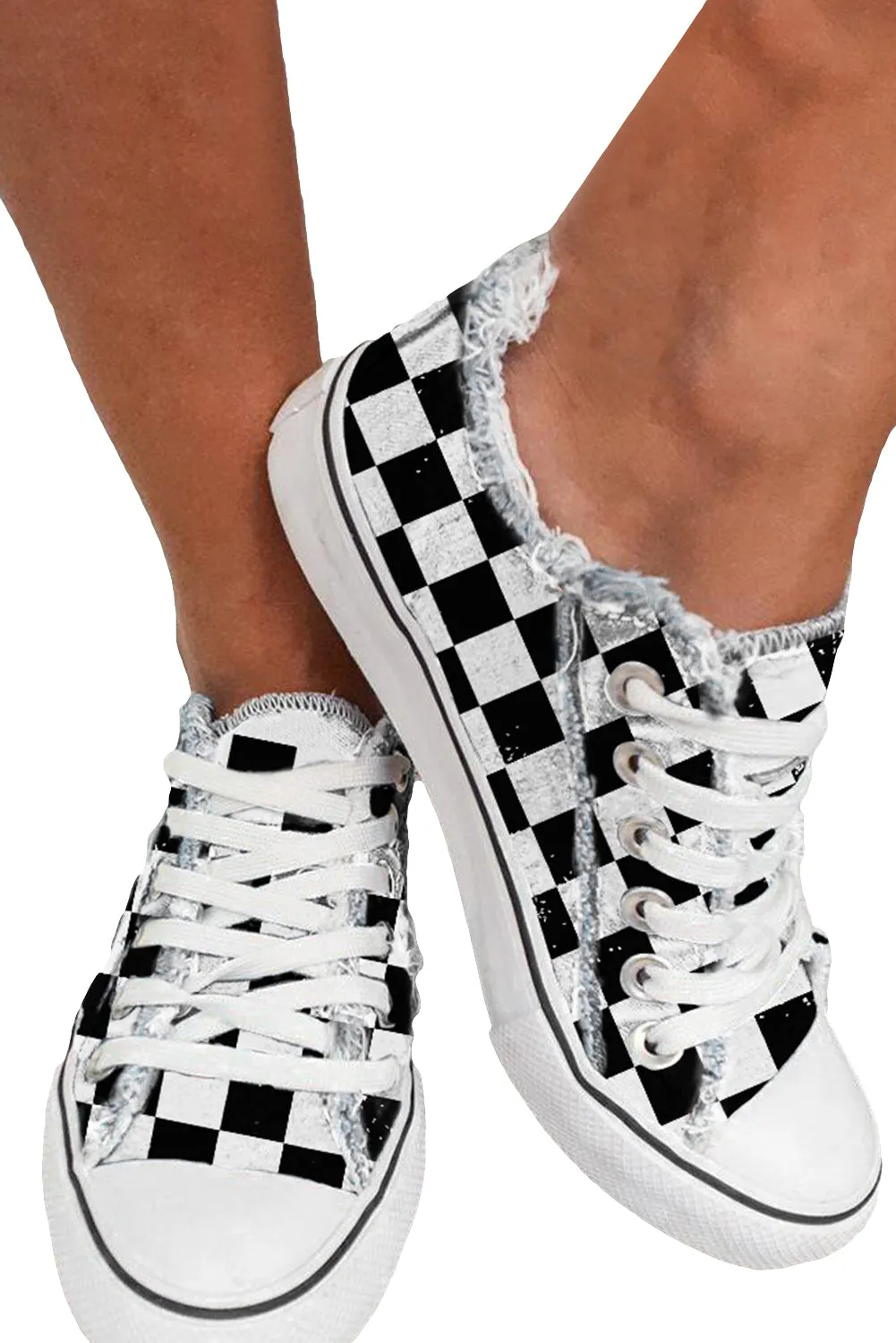 Women Canvas Shoes Black White Checkerboard Low Top Lace Up Sneakers Shoes