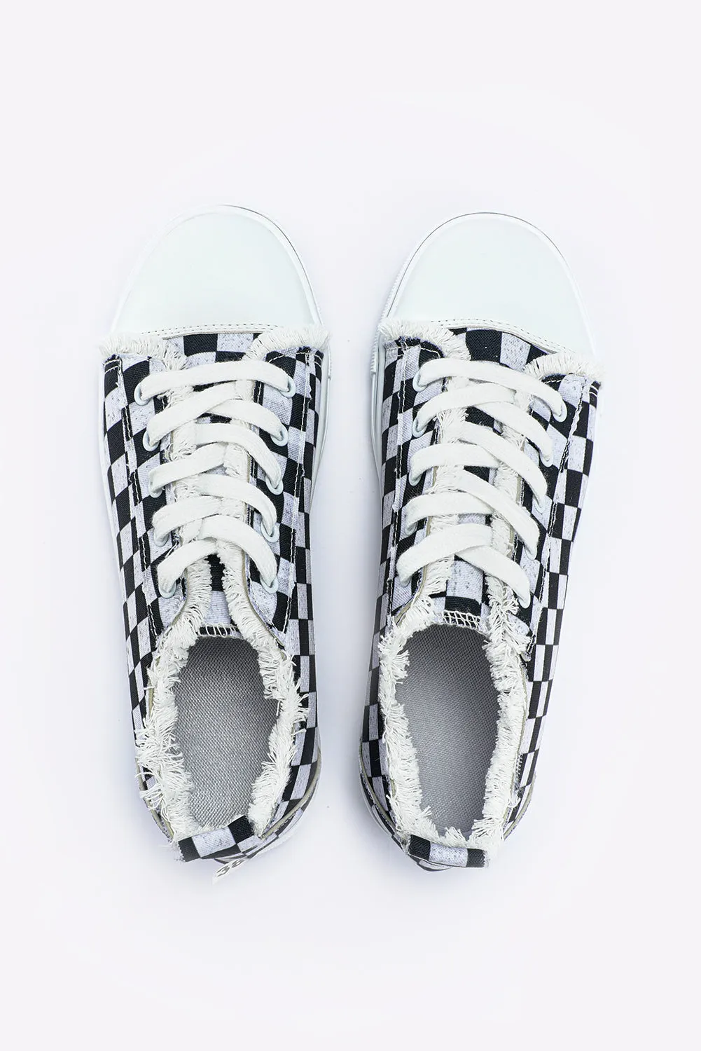 Women Canvas Shoes Black White Checkerboard Low Top Lace Up Sneakers Shoes