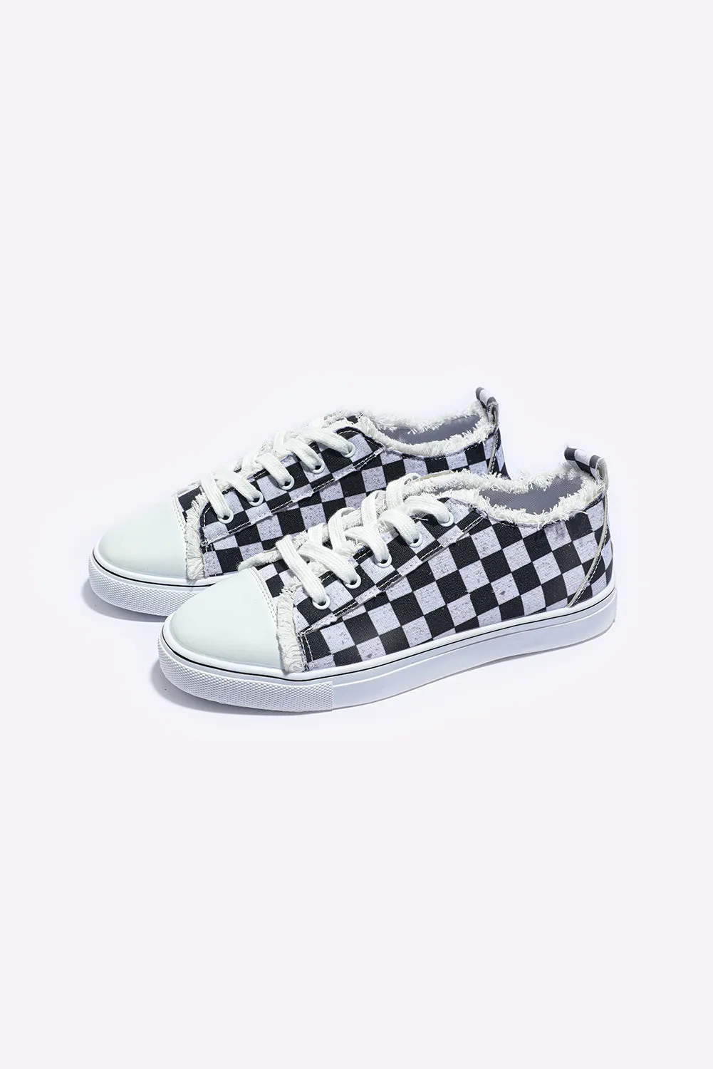 Women Canvas Shoes Black White Checkerboard Low Top Lace Up Sneakers Shoes