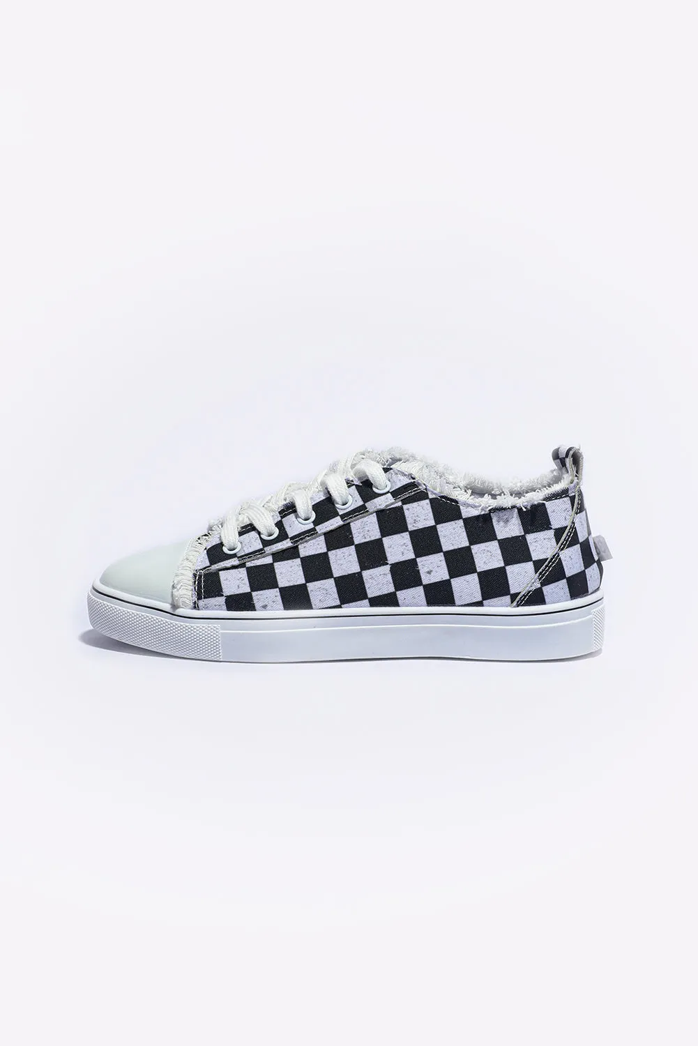 Women Canvas Shoes Black White Checkerboard Low Top Lace Up Sneakers Shoes