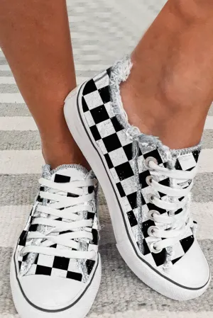 Women Canvas Shoes Black White Checkerboard Low Top Lace Up Sneakers Shoes