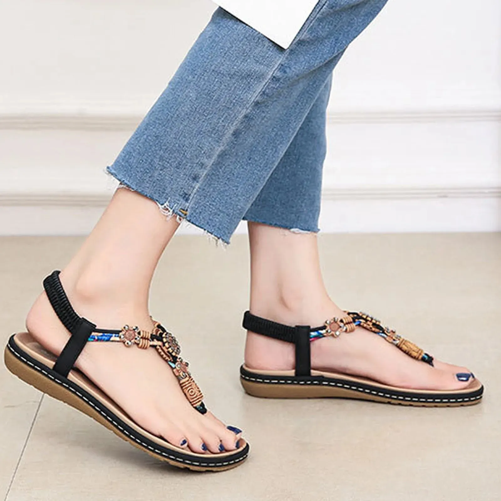 Women Wedges Bohemian Summer Flower Non-Slip Beach Sandals with Elastic Band