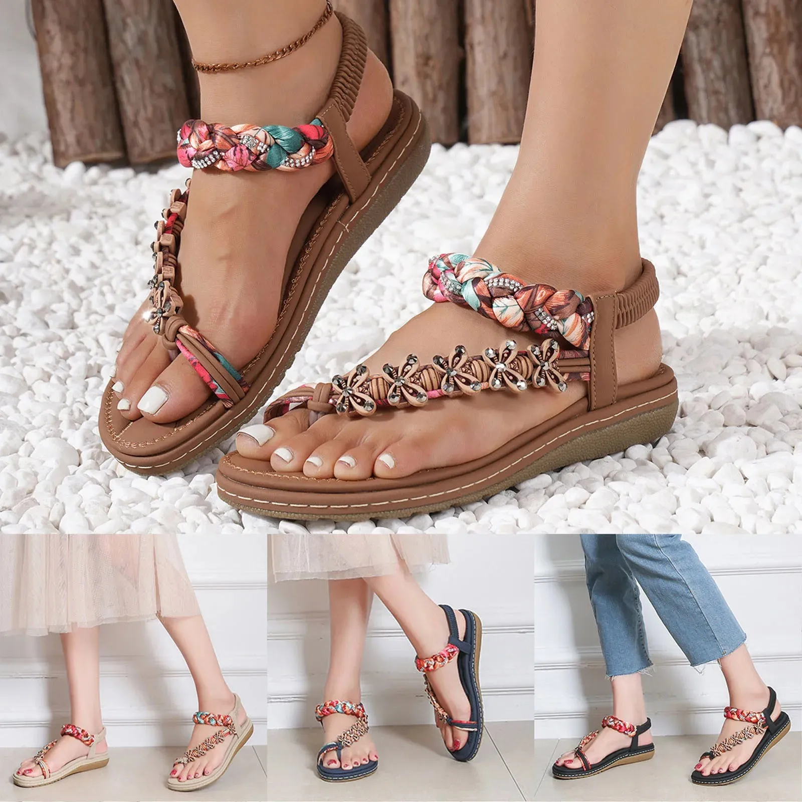 Women Wedges Bohemian Summer Flower Non-Slip Beach Sandals with Elastic Band