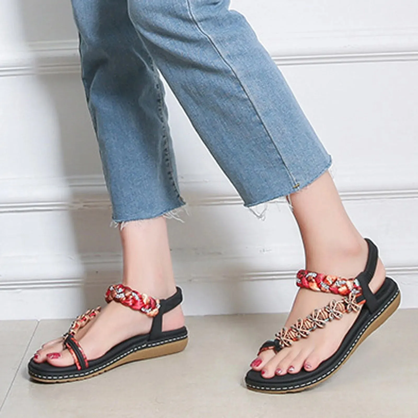 Women Wedges Bohemian Summer Flower Non-Slip Beach Sandals with Elastic Band