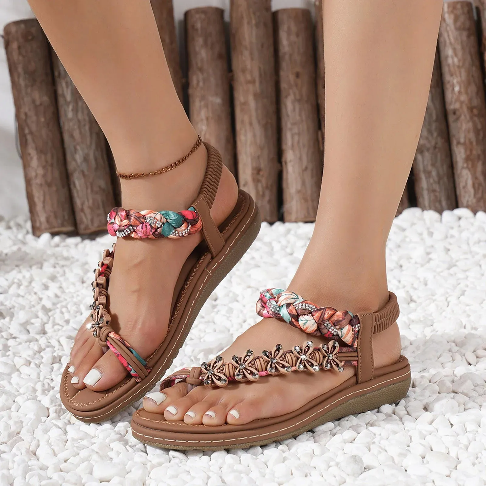 Women Wedges Bohemian Summer Flower Non-Slip Beach Sandals with Elastic Band